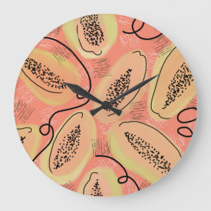 Grande Horloge Ronde Papaya Doodle Pattern Kitchen Fruit