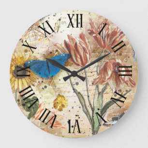 Grande Horloge Ronde Papier Décollé Floral Papillon Vintage