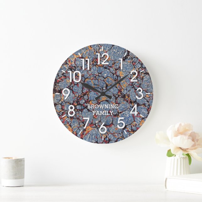 Grande Horloge Ronde Papier marbré bleu et or avec nom (Maison)