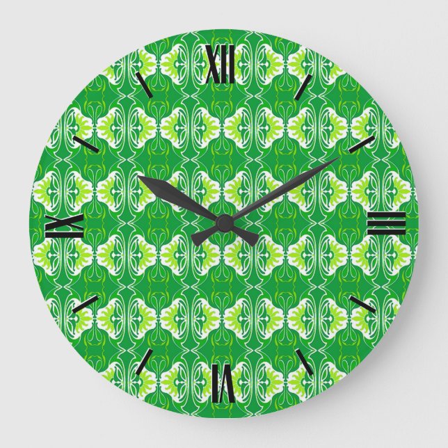 Grande Horloge Ronde Papier peint Art Déco motif - vert et blanc (Recto)