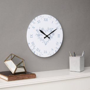 Grande Horloge Ronde Papier peint élégant bleu clair floral Toile de Jo