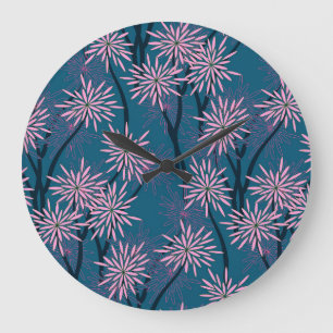 Grande Horloge Ronde Papier peint floral : bleu marine asiatique, rose.