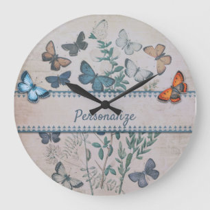 Grande Horloge Ronde Papier Peint Papillon Bleu Vintage Personnalisé