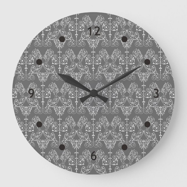 Grande Horloge Ronde Papier peint vintage Damask - blanc + votre dossie (Recto)
