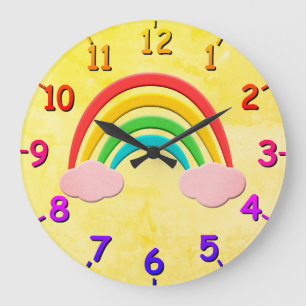 Grande Horloge Ronde Papier Vieilli Découpe Arc-en-Ciel Et Nuages Roses
