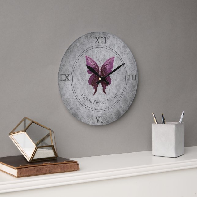 Grande Horloge Ronde Papillon à bijoux Magenta (Bureau)