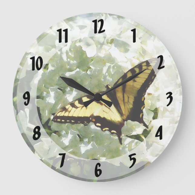 Grande Horloge Ronde Papillon à queue d'hirondelle sur Hydrangea blanc (Recto)
