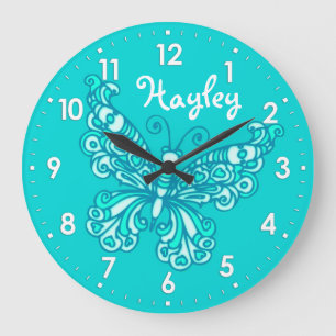 Grande Horloge Ronde Papillon aqua menthe filles nom de la chambre horl