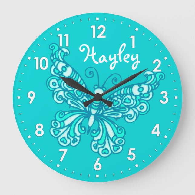 Grande Horloge Ronde Papillon aqua menthe filles nom de la chambre horl (Recto)