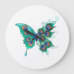 Grande Horloge Ronde Papillon aux plumes de paon vert