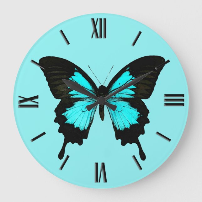 Grande Horloge Ronde Papillon - bleu et noir de turquoise (Recto)