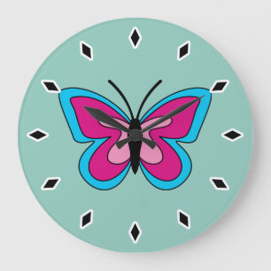 Grande Horloge Ronde Papillon bleu magenta rose
