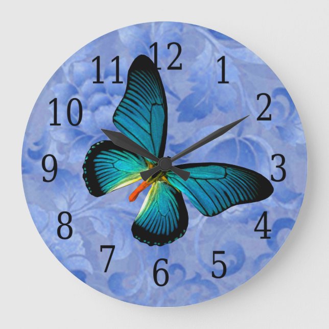 Grande Horloge Ronde Papillon bleu sur l'horloge bleue de fleurs (Recto)