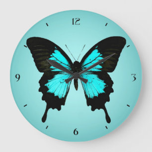 Grande Horloge Ronde Papillon - bleu turquoise et noir