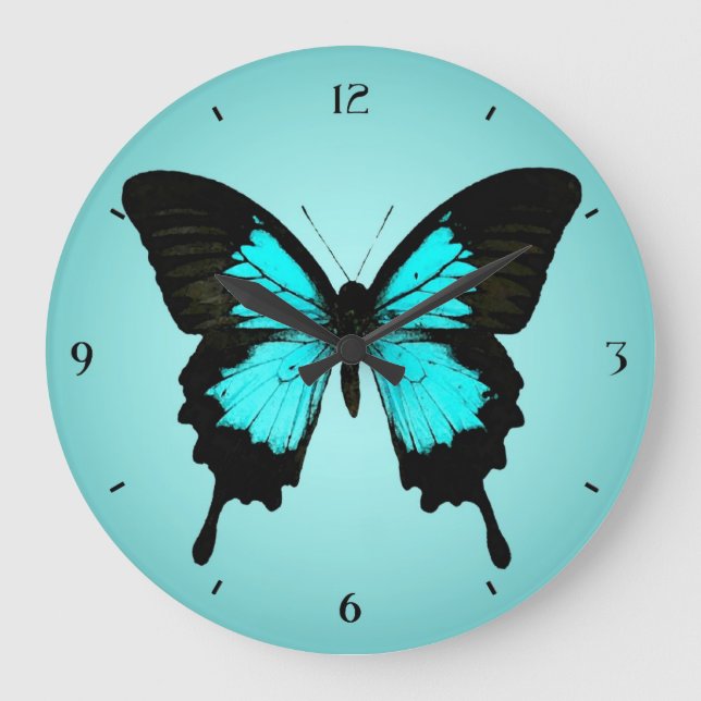 Grande Horloge Ronde Papillon - bleu turquoise et noir (Recto)