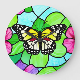 Grande Horloge Ronde Papillon coloré en verre coloré