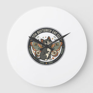 Grande Horloge Ronde Papillon de nuit Chat POD Art Vectoriel - Papillon