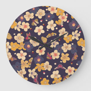 Grande Horloge Ronde Papillon en fleurs de cerisier asiatique