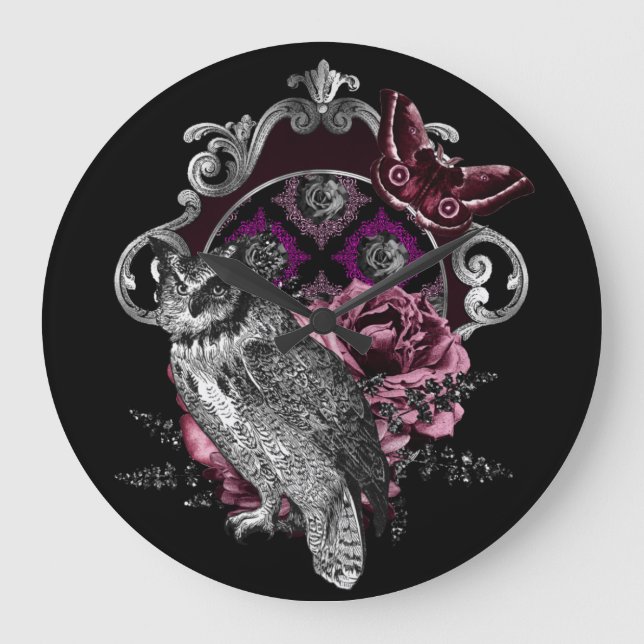Grande Horloge Ronde Papillon Et Fleurs De Chouette Noire - Gothique (Recto)