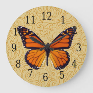 Grande Horloge Ronde Papillon Monarque Sur L'Horloge Du Grain En Bois D
