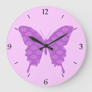 Grande Horloge Ronde Papillon, motif abstrait, lavande et violet