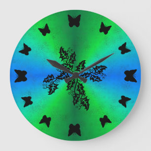 Grande Horloge Ronde papillon noir sur arc-en-ciel vert en optique cuir