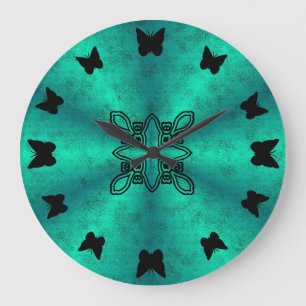 Grande Horloge Ronde papillon noir sur arc-en-ciel vert en optique cuir