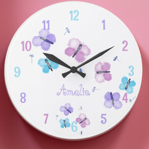 Grande Horloge Ronde Papillon Pastel personnalisé