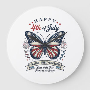 Grande Horloge Ronde Papillon Patriotique Bonne Fête du 4 Juillet Créat