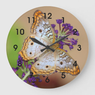 Grande Horloge Ronde Papillon Peacock blanc sur Fleurs violettes