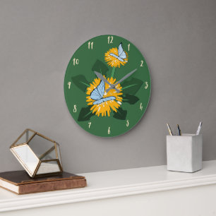 Grande Horloge Ronde Papillon Pollinisant une Fleur Sauvage de Pissenli