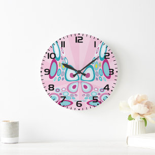 Grande Horloge Ronde Papillon rétro Abstrait Pop Art