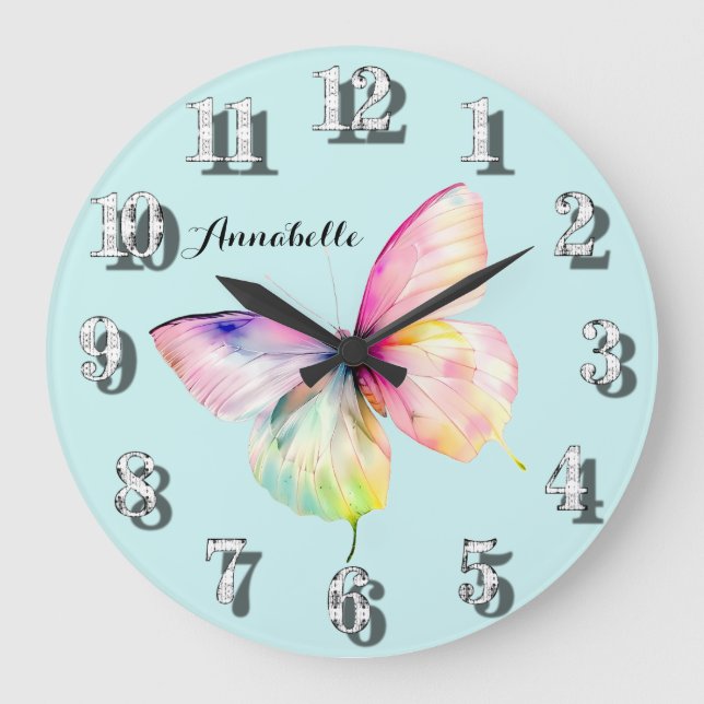 Grande Horloge Ronde Papillon rose délicat dans les couleurs pastel arc (Recto)