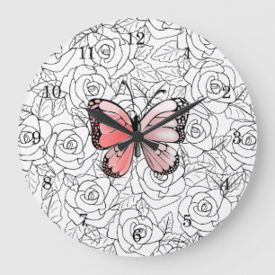 Grande Horloge Ronde Papillon Rose Et Art Rose -