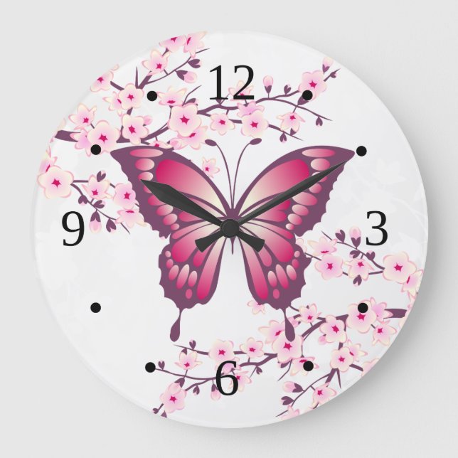 Grande Horloge Ronde Papillon Rose Et Fleurs De Cerisiers (Recto)