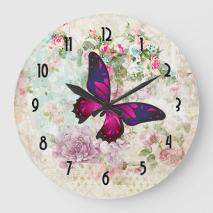 Grande Horloge Ronde Papillon rose et Roses Vintages de Shabby
