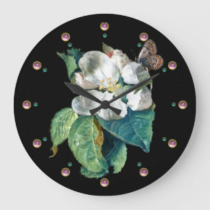 GRANDE HORLOGE RONDE PAPILLON SUR LA FLEUR BLANCHE FLEURALE NOIRE