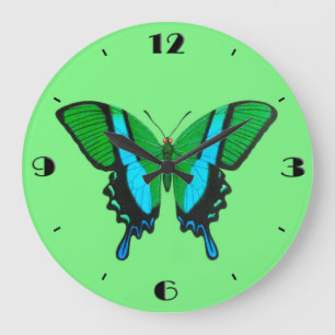 Grande Horloge Ronde Papillon Swallowtail en vert, turquoise et noir