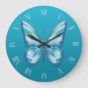Grande Horloge Ronde Papillon turquoise