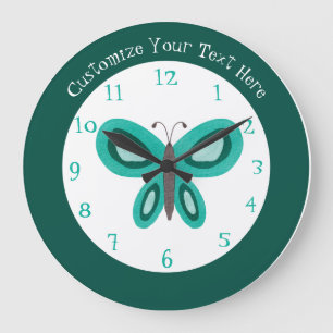 Grande Horloge Ronde Papillon Turquoise vert mignon Personnalisé Grande