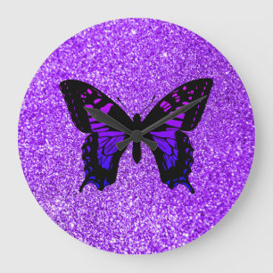 Grande Horloge Ronde Papillon Violet Faux Paillettes Féminin