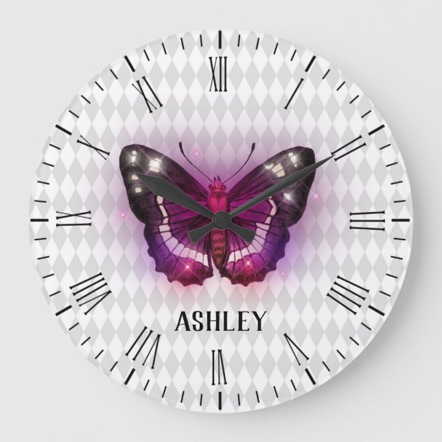 Grande Horloge Ronde Papillon violet magique Personnalisé (Recto)