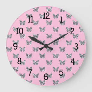 Grande Horloge Ronde Papillons à Parties scintillant rose et argent