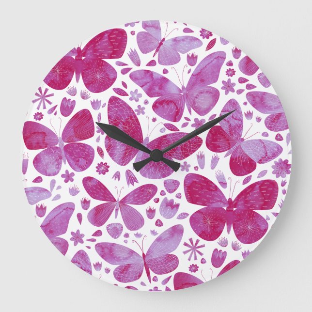 Grande Horloge Ronde Papillons Aquarelle Magenta Rose (Recto)