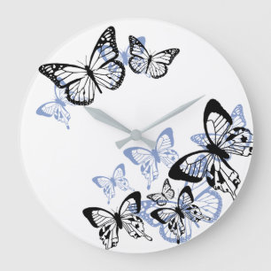 Grande Horloge Ronde Papillons au pochoir bleu-noir