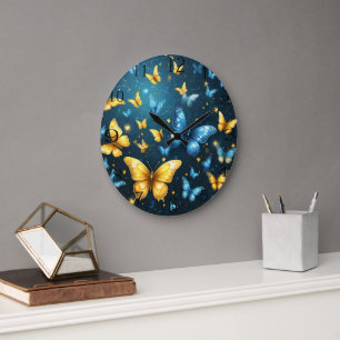 Grande Horloge Ronde Papillons Bleus Et Jaunes Volant,