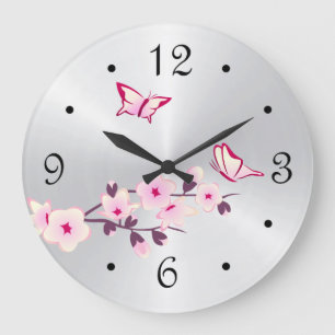 Grande Horloge Ronde Papillons Cerise Fleurs Argent