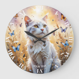 Grande Horloge Ronde Papillons de chat blanc mignon Imaginaire
