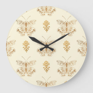 Grande Horloge Ronde Papillons dorés, noir vintage blanc sans soudure