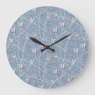 Grande Horloge Ronde Papillons en relief aquarelle sur lin bleu denim